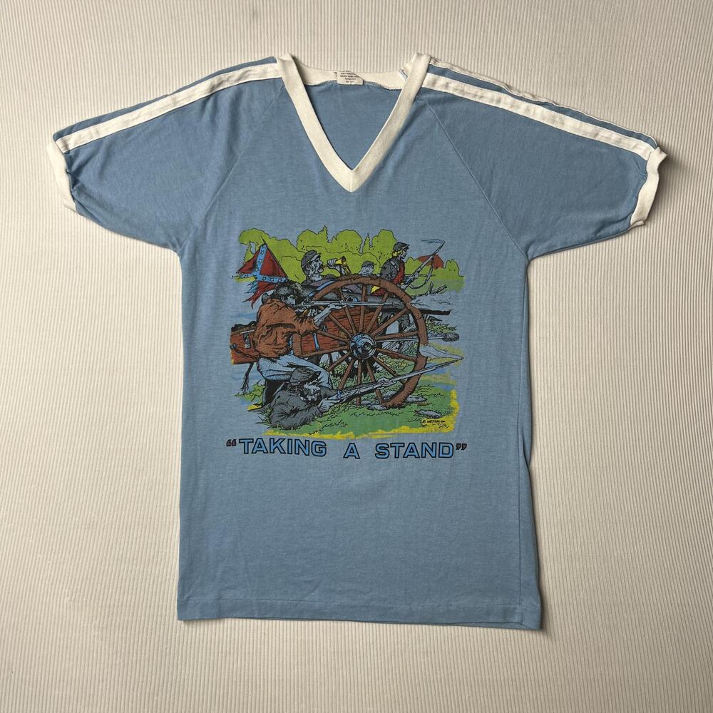 Vintage 70s Bantam Shirt Mens S Blue Taking A Stand Civil War Graphic V-Neck Tee